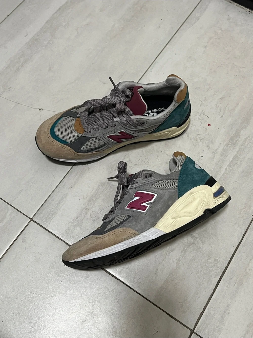 New Balance 990 Gray, Teal and Burgundy Sneakers